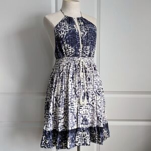 Free People Mini Dress Halter Neck Sleeveless Open Back Batik Blue Ivory S NWT